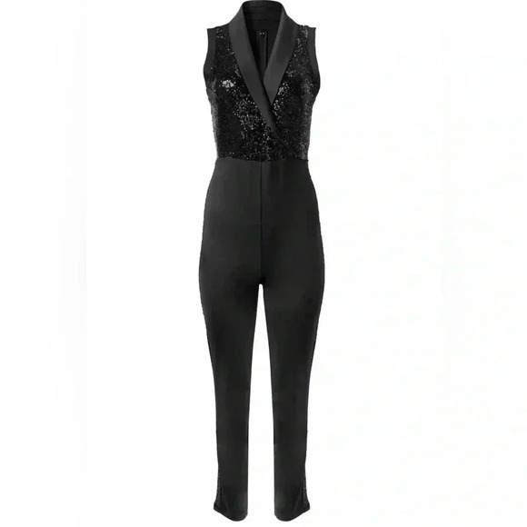 All Black Sequin sleeveless Tuxedo Jumpsuit size Large - Picture 1 of 16
